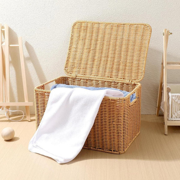 Storage Box Bedroom Organizer Faux Rattan Woven Basket with Lid Home