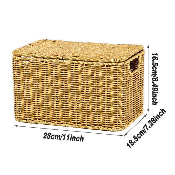 Storage Box Bedroom Organizer Faux Rattan Woven Basket with Lid Home