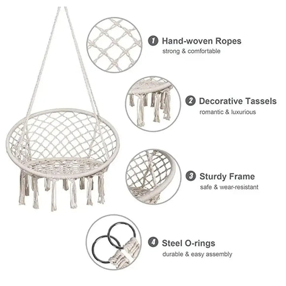 Beige Hanging Chair with Tassels and Two Rings - 1 Piece