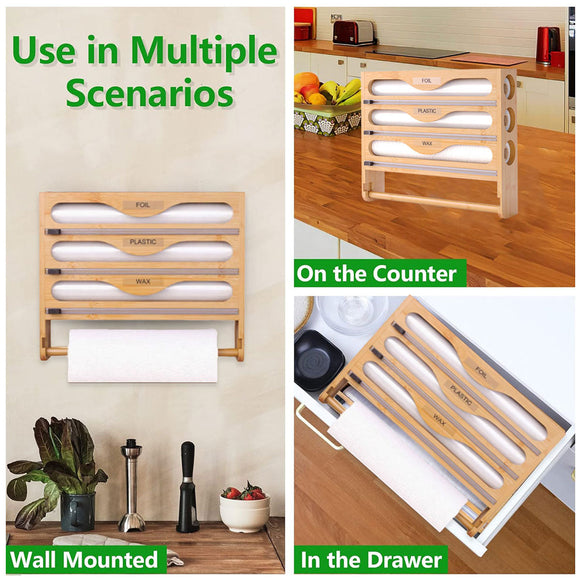 Wall Mounted Plastic Wrap Cutter Bamboo Multi Cell Kitchen Storage Box Organizer