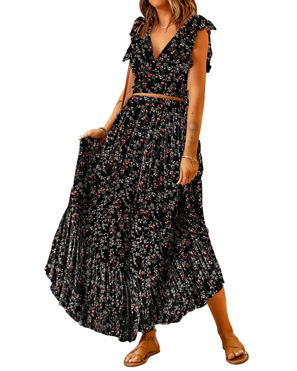 Azura Exchange Floral Ruffled Crop Top and Maxi Skirt Set - M