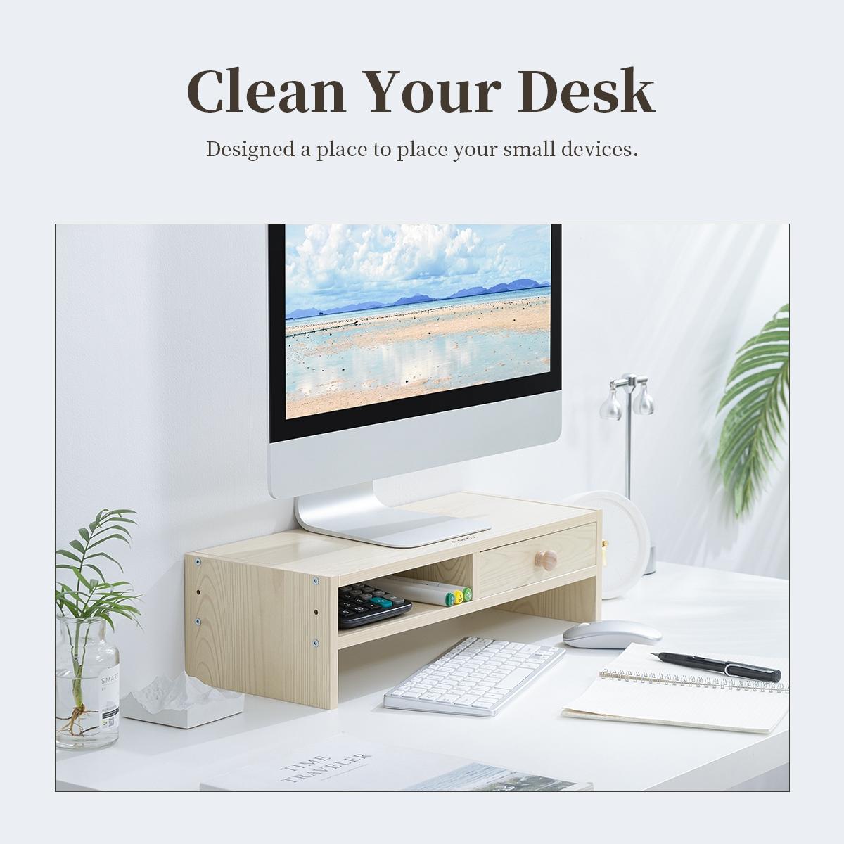 Wood Grain Monitor Stand with Drawer - 2 Layers