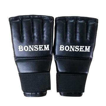 Adults Half-Finger Leather Boxing Gloves - Black - 0