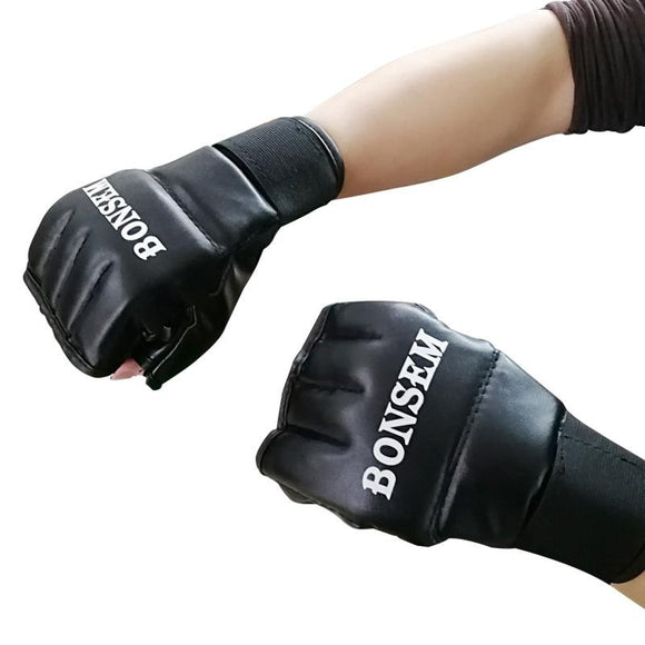 Adults Half-Finger Leather Boxing Gloves - Black