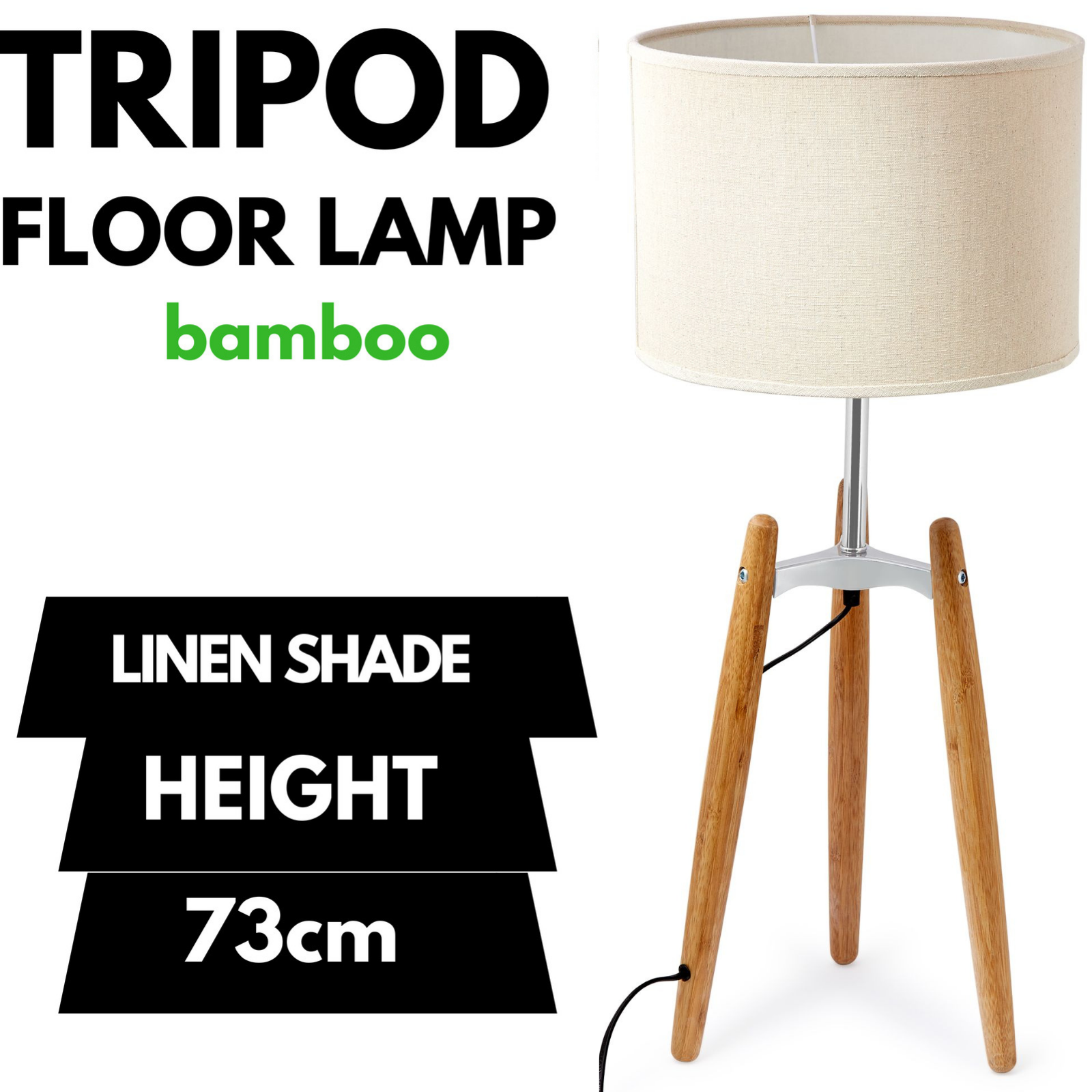 73cm Bamboo Tripod Table Lamp Light Modern Vintage w Beige Linen Shade - 0