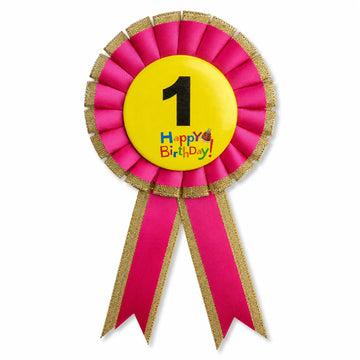 Kids Birthday Badge Rosette with Ribbon Party Favour Fancy Dress - Age 1 Pink - 0