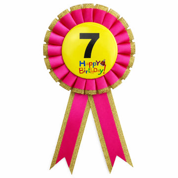 Kids Birthday Badge Rosette with Ribbon Party Favour Fancy Dress - Age 7 Pink - 0