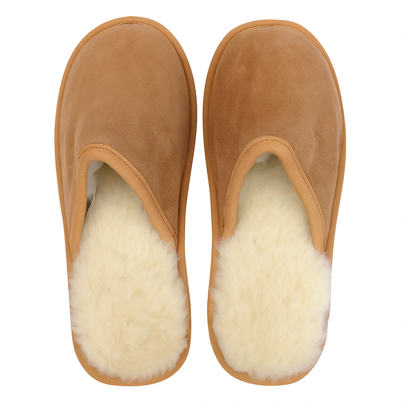Sheepskin Wool Mens Slippers Scuffs Slip On Winter Ugg Slippers in Chestnut - 9