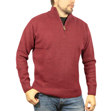 100% SHETLAND RAGG WOOL Half Zip Up Knit JUMPER Pullover Mens Sweater Knitted - Burgundy - XL