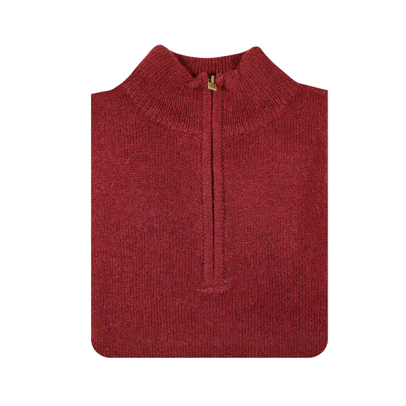 100% SHETLAND RAGG WOOL Half Zip Up Knit JUMPER Pullover Mens Sweater Knitted - Burgundy - XL