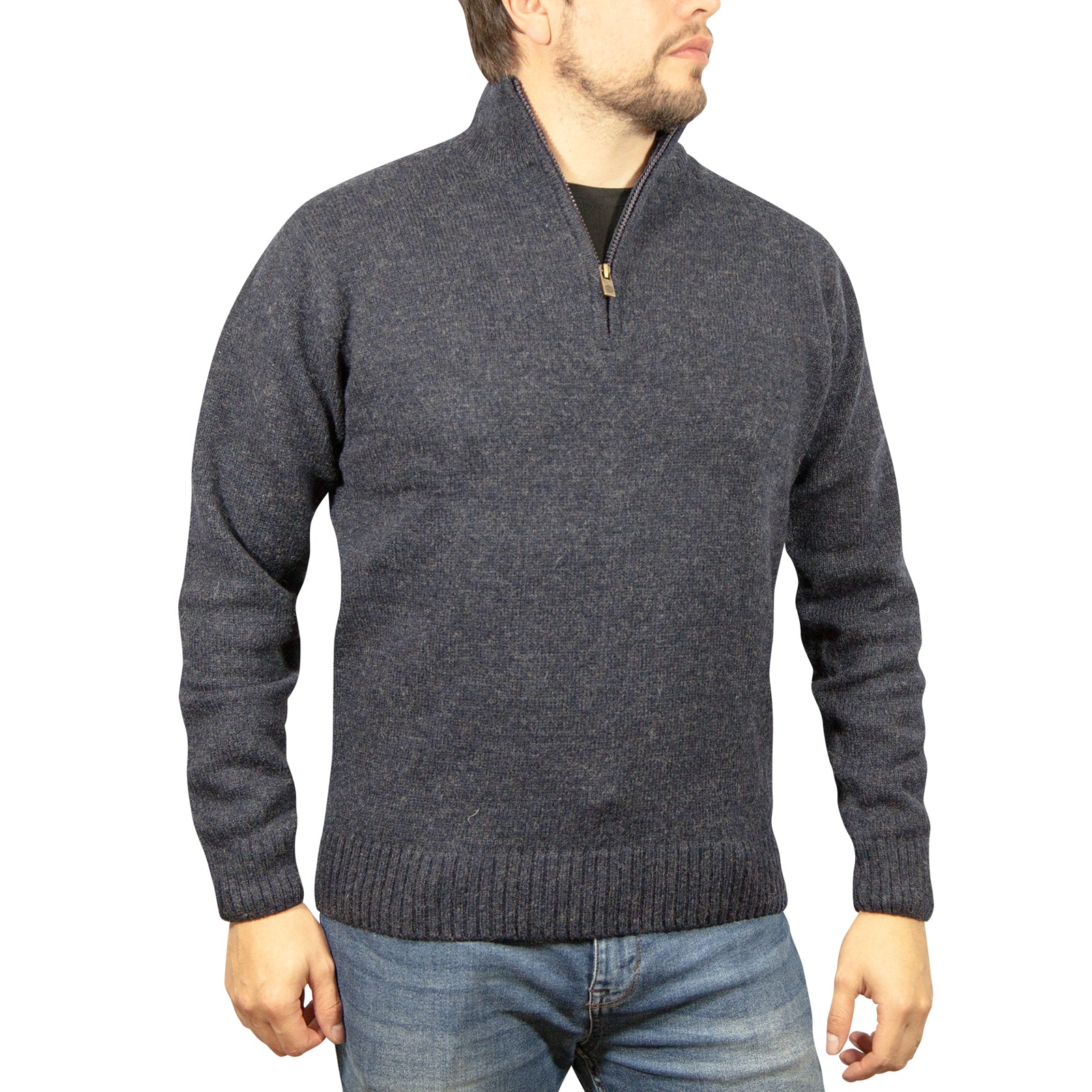 100% SHETLAND RAGG WOOL Half Zip Up Knit JUMPER Pullover Mens Sweater Knitted - Denim Blue (45) - 3XL - L - 0
