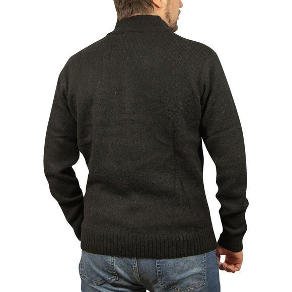 100% SHETLAND RAGG WOOL Half Zip Up Knit JUMPER Pullover Mens Sweater Knitted - Plain Black - S