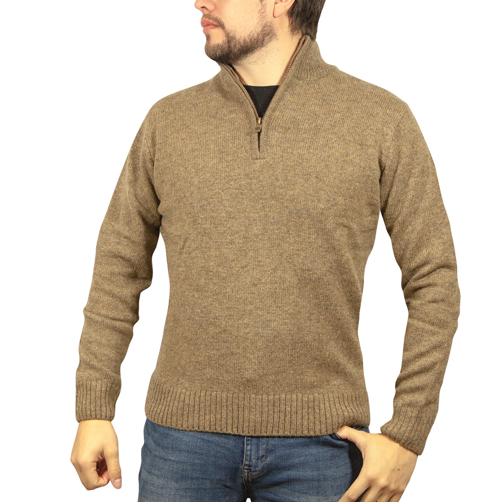 100% SHETLAND RAGG WOOL Half Zip Up Knit JUMPER Pullover Mens Sweater Knitted - Nutmeg - S - 0