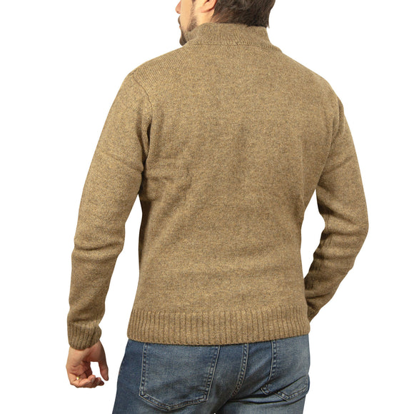 100% SHETLAND RAGG WOOL Half Zip Up Knit JUMPER Pullover Mens Sweater Knitted - Nutmeg - S