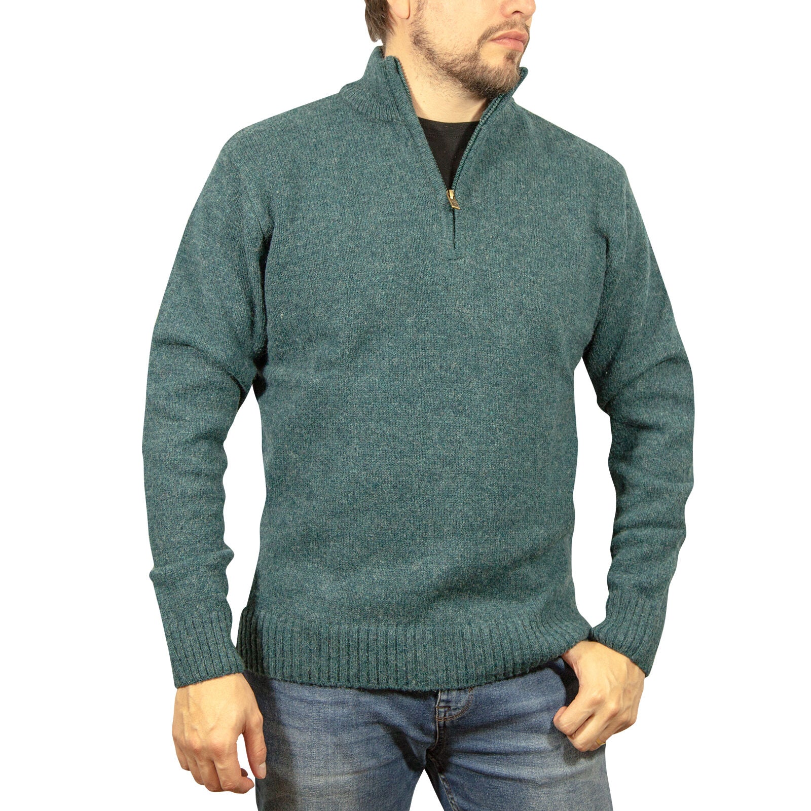 100% SHETLAND RAGG WOOL Half Zip Up Knit JUMPER Pullover Mens Sweater Knitted - Sherwood - 5XL - 0