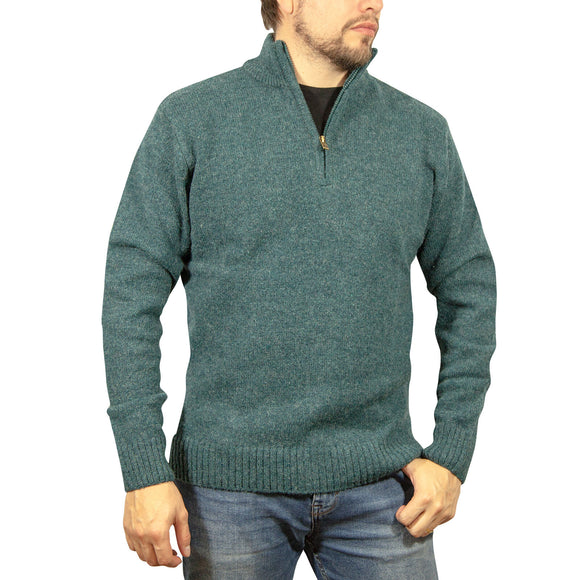 100% SHETLAND RAGG WOOL Half Zip Up Knit JUMPER Pullover Mens Sweater Knitted - Sherwood - M