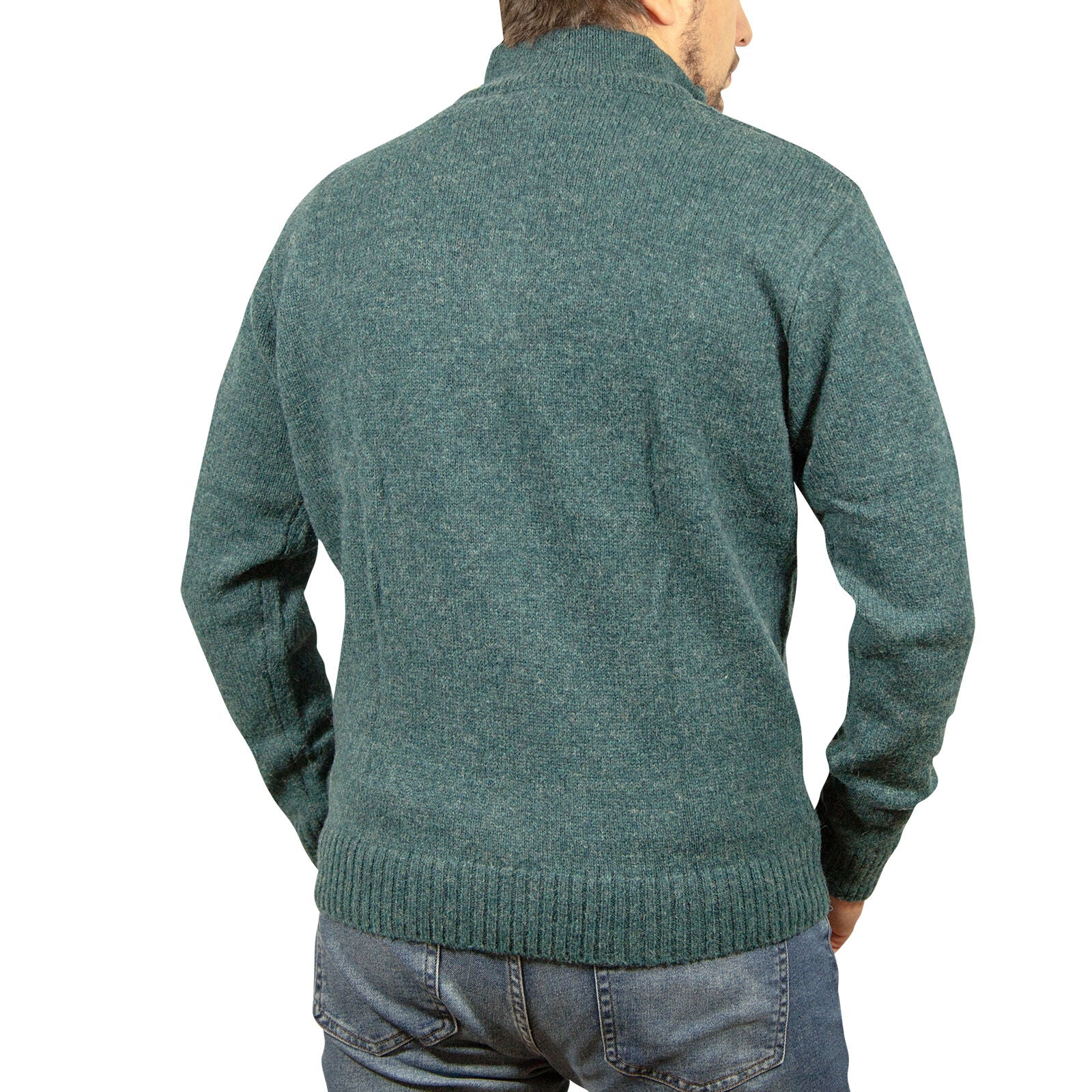 100% SHETLAND RAGG WOOL Half Zip Up Knit JUMPER Pullover Mens Sweater Knitted - Sherwood - XL