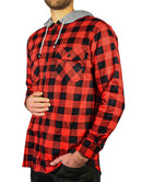 Mens Cotton Flannelette Shirt w Jersey Hood Long Sleeve Flannel - Red/Black - S-9