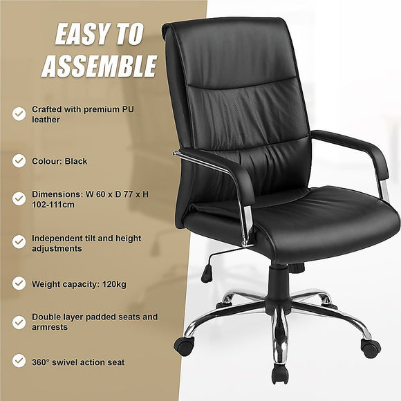 PU Leather Office Chair – Ergonomic Executive Swivel Desk Chair with Padded Seat in Black
