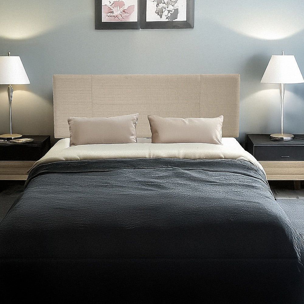 Linen Fabric Double Bed Headboard Bedhead - Beige - 0
