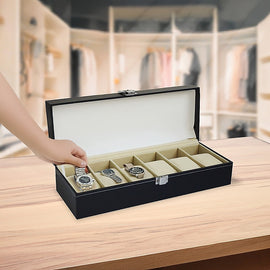 6 Slot Mens Watch Display Case Box Black PU Leather - 0