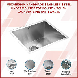 510x450mm Handmade Stainless Steel Undermount / Topmount Kitchen Laundry Sink with Waste - 0