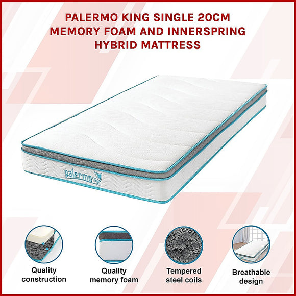 King Single 20cm Hybrid Mattress – Memory Foam and Innerspring Support