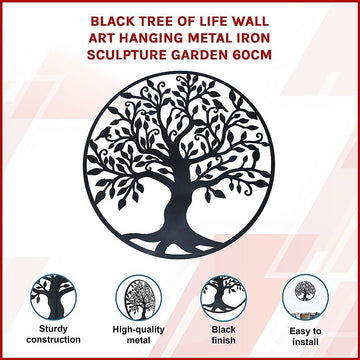 Black Tree of Life Wall Art Hanging Metal Iron Sculpture Garden 60cm - 0