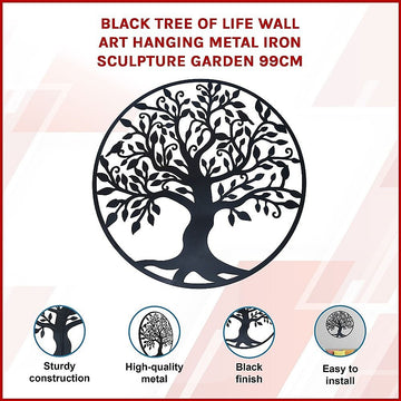 Black Tree of Life Wall Art Hanging Metal Iron Sculpture Garden 99cm - 0