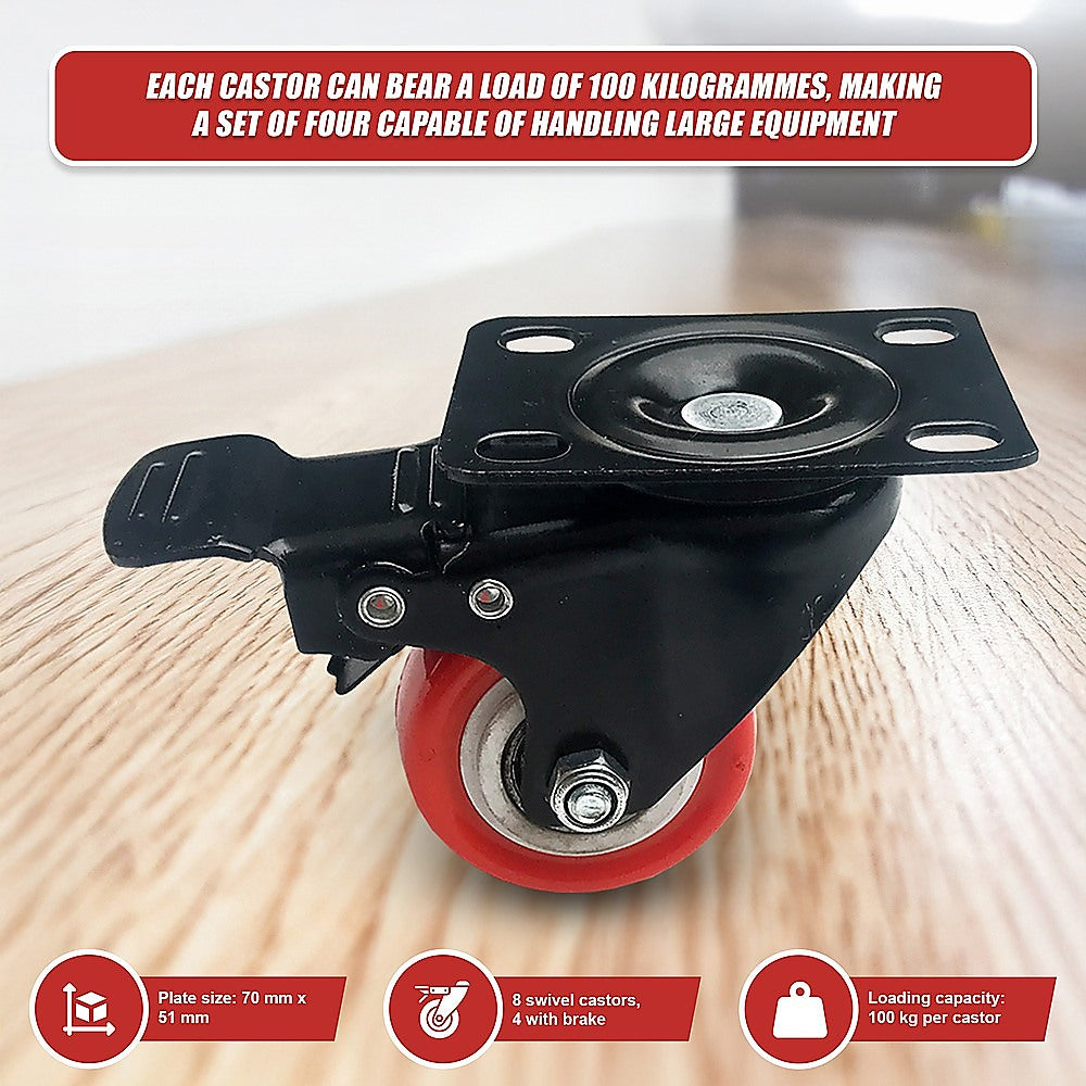 8 x 2" Polyurethane Castor Wheels - Swivel and 4 with brake