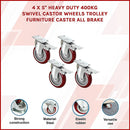 4 X 5" Heavy Duty 400kg Swivel Castor Wheels Trolley Furniture Caster All Brake-5