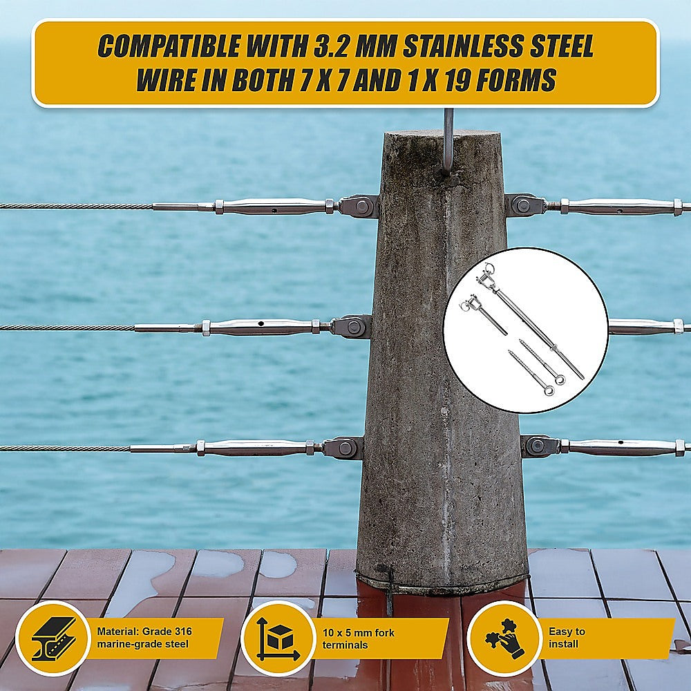 Stainless Steel Wire Rope DIY Balustrade Kit Jaw/Swage Fork Turnbuckle - 10 pack