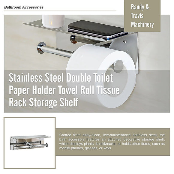 Stainless Steel Double Toilet Paper Holder Towel Roll Tissue Rack Storage Shelf