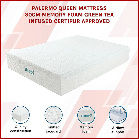 Queen 30cm Green Tea Memory Foam Mattress – Cooling Comfort with CertiPUR-US® Certified Foam