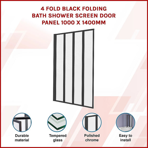 4 Fold Black Folding Bath Shower Screen Door Panel 1000 x 1400mm