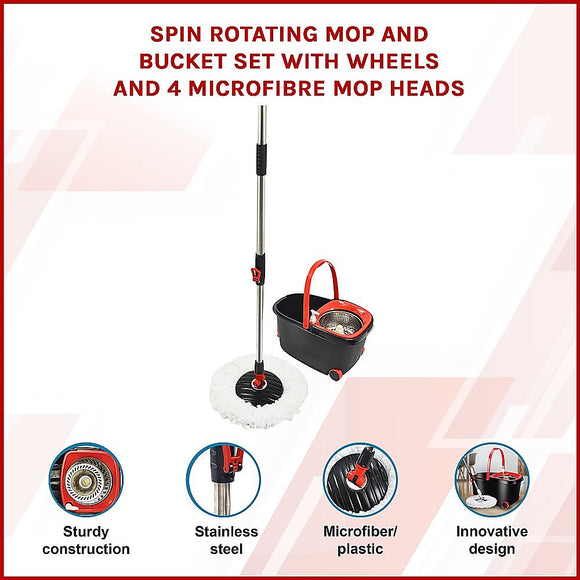 Spin Rotating Mop and Bucket Set with Wheels and 4 Microfibre Mop Heads