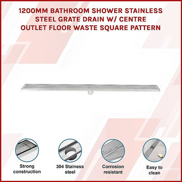 1200mm Bathroom Shower Stainless Steel Grate Drain w/Centre outlet Floor Waste Square Pattern - 0