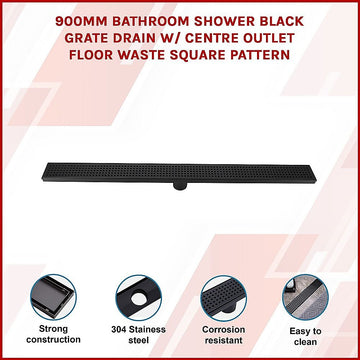 900mm Bathroom Shower Black Grate Drain w/Centre outlet Floor Waste Square Pattern - 0
