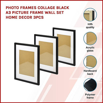 Photo Frames Collage Black A3 Picture Frame Wall Set Home Decor 3PCS - 0