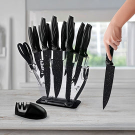 Kitchen 17 Pc Knife Set w/ Block & Sharpener Chef Bread Steak Knives - 0