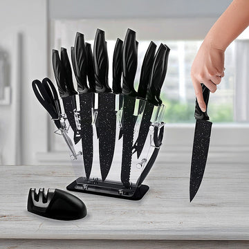 Kitchen 17 Pc Knife Set w/ Block & Sharpener Chef Bread Steak Knives - 0