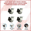 4 x 2" Heavy Duty Swivel Double Wide Castor Wheels Trolley 50mm Furniture Rubber With Brake-3