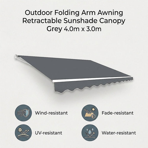 Outdoor Folding Arm Awning Retractable Sunshade Canopy Grey 4.0m x 3.0m