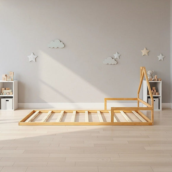 Pine Wood Floor Bed House Frame for Kids and Toddlers