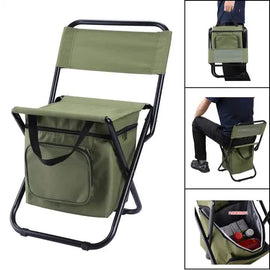 Green Portable 3-in-1 Folding Camping Chair with Storage Bag, Backrest, and Insulated Cooler for Outdoor Fishing, Hiking, and Picnics - 0