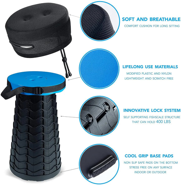Black and Blue Splicing Color Portable Outdoor Telescopic Folding Stool with 100 Weight-Bearing Buckles, Lightweight and Compact Design, Perfect for Fishing, Camping, and Travel