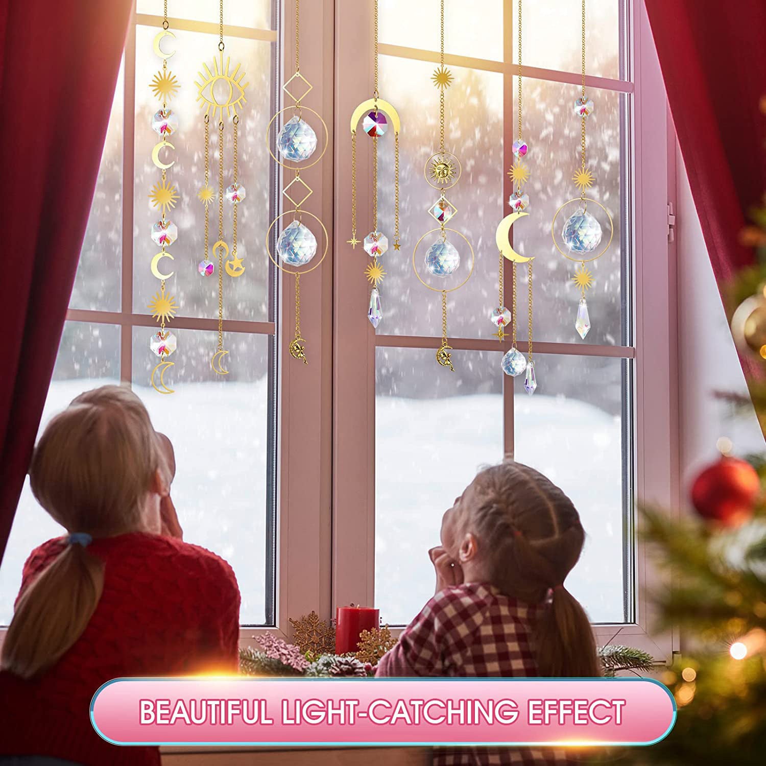 (Style 1) 4 pcs Crystal Wind Chimes-Sun Catcher Star Moon Dream Catcher for Window 30cm - 0