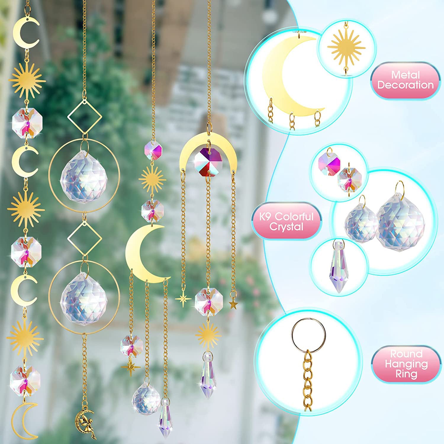 (Style 1) 4 pcs Crystal Wind Chimes-Sun Catcher Star Moon Dream Catcher for Window 30cm