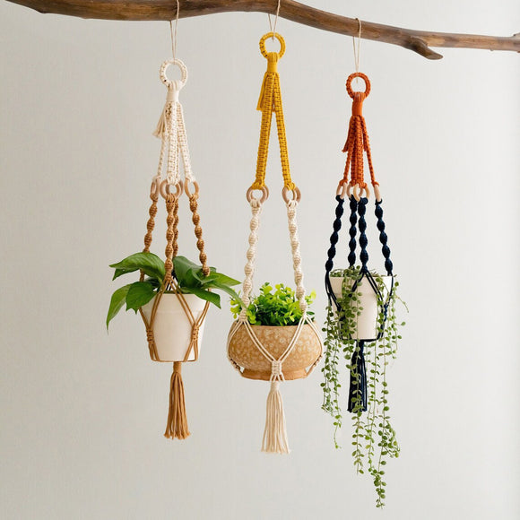 3 pcs Handwoven Plant Hanger-Cotton Rope Hanging Planter with Wooden Rings