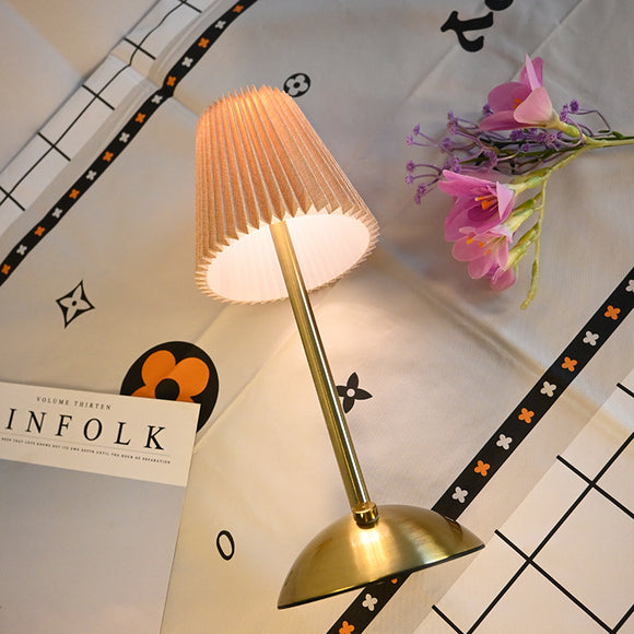 Beige Elegant Pleated Fabric Table Lamp - 3-Color LED, USB Rechargeable, Touch Dimming